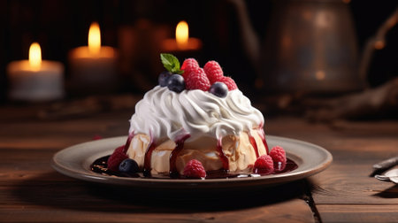 Pavlova topped with cream and fresh berriesの素材