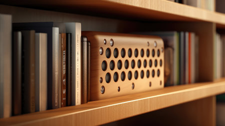 A modern, wooden bookshelf speaker amongst booksの素材