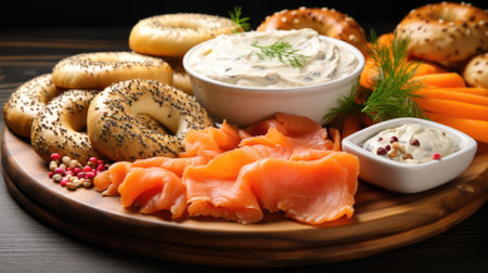 Assorted bagels with smoked salmon and cream cheese on a wooden boardの素材
