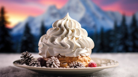 Whipped cream dessert with winter forest backdrop at duskの素材