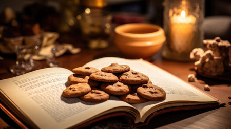 Warm cookies on an open book by candlelight, creating a cozy atmosphereの素材