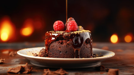 Molten chocolate cake with raspberries and flowing chocolate sauceの素材