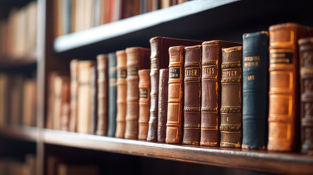 Row of classic books on a wooden shelfの素材