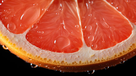 Close-up of a juicy grapefruit slice with water dropletsの素材