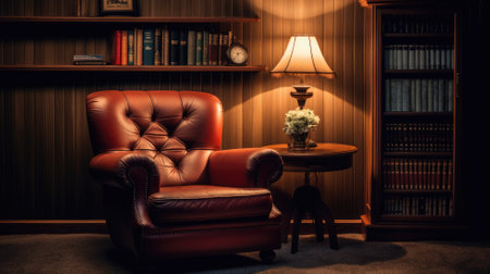 Elegant leather armchair in a classic library room with booksの素材