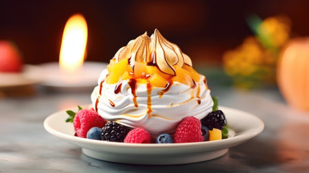 Pavlova dessert with meringue, cream, and fruits on a warm backdropの素材