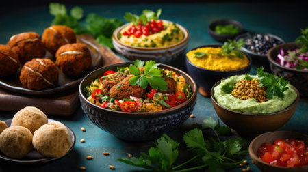 Assorted Middle Eastern dishes and appetizers on a tableの素材