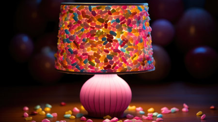 Colorful lampshade with a pink base on a wooden table, surrounded by candyの素材