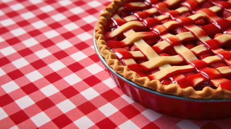 Lattice-topped strawberry pie on checkered tableclothの素材