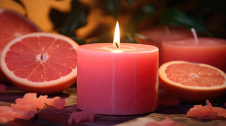 A lit pink candle with a slice of grapefruitの素材