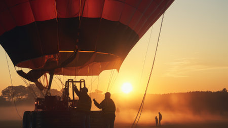 Preparing a hot air balloon for flight at sunrise with silhouettesの素材