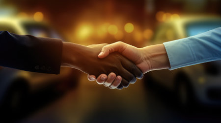 Two people shaking hands in front of a cityscape at duskの素材