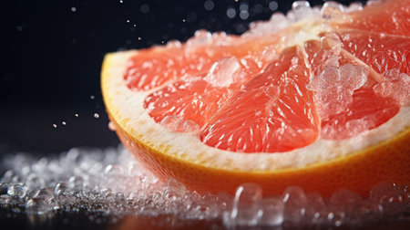 A close-up of a juicy grapefruit slice with sparkling water dropletsの素材