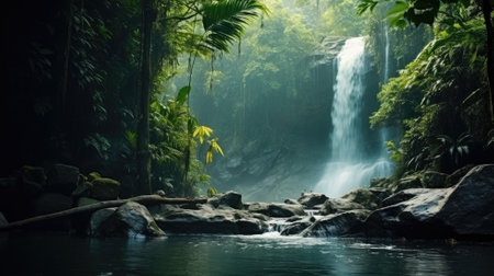 A tranquil waterfall in a lush tropical rainforestの素材