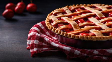 Freshly baked cherry pie on a red and white checkered clothの素材