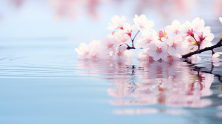 Cherry blossom branches delicately arching over reflective waterの素材