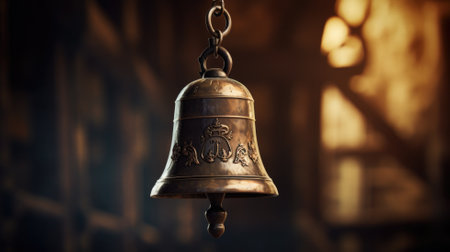 Antique bell with intricate carvings, hanging in a warm lightの素材