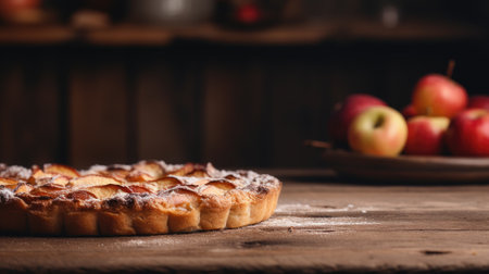Apple tart on a rustic wooden table, softly illuminatedの素材