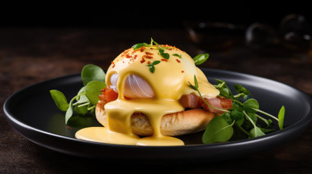 Eggs Benedict on a toasted English muffin with ham and greensの素材