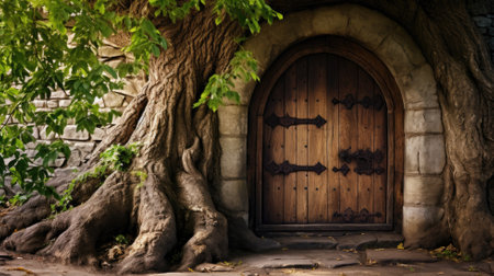 Old wooden door set in a stone arch with ivyの素材