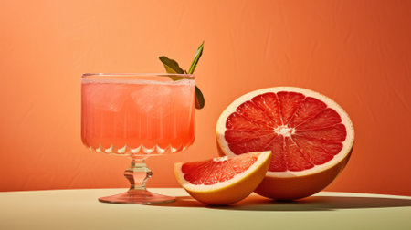 Grapefruit cocktail with ice in a glass beside a cut grapefruitの素材