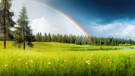 Lush green meadow with a bright rainbow and pine treesの素材