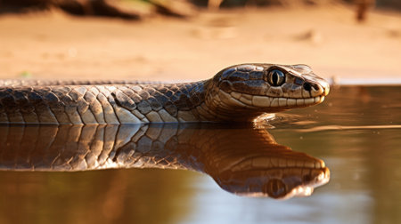 Water snake close-up with a reflection on the water surfaceの素材