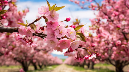 Branch of cherry blossoms in full bloom with a path behindの素材