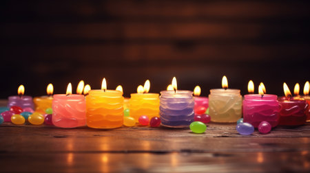 An assortment of colorful lit candles on a wooden surfaceの素材
