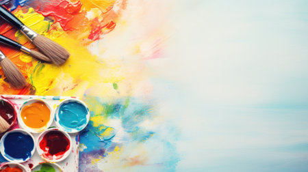 Vibrant artist's palette with brushes and open paint potsの素材