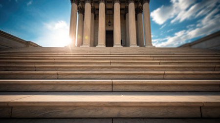 Sunlit steps leading to a classic building with columnsの素材