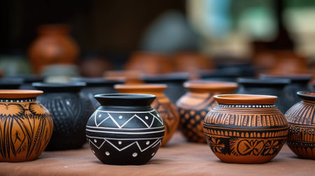 Handcrafted pottery with traditional designs on displayの素材