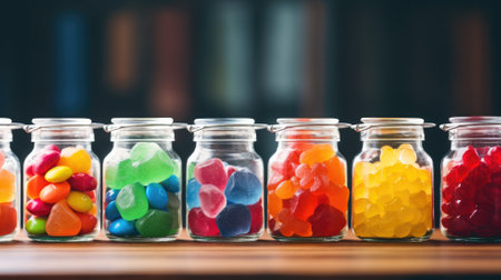 Assorted colorful candies in jars on a wooden shelfの素材