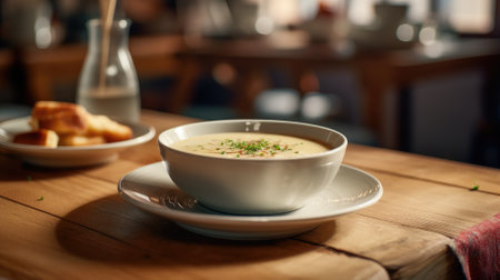 A bowl of creamy soup served on a wooden table, with warm lightingの素材