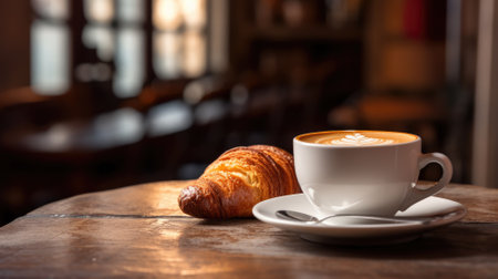 Cappuccino and croissant on a rustic wooden table with morning lightの素材