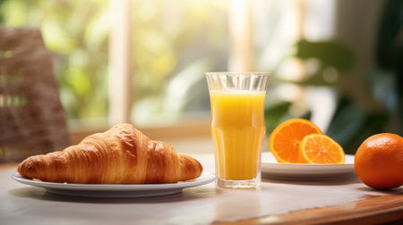 Croissant and glass of orange juice on a sunny tableの素材