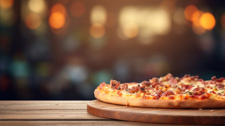 Freshly baked pizza on a wooden table with a blurred restaurant backgroundの素材