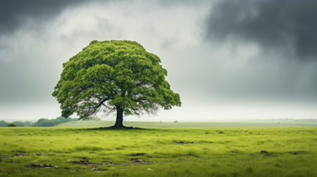 Solitary tree in a lush green field under a stormy skyの素材