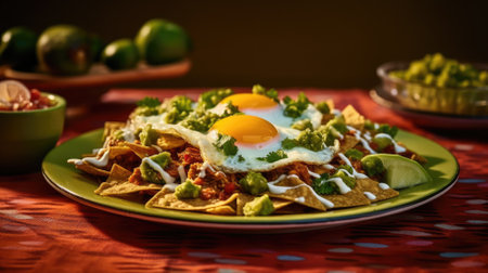 A plate of chilaquiles with fried eggs, avocado, and limeの素材