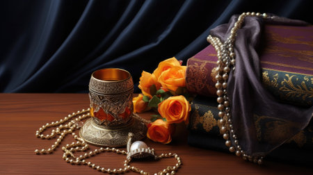 Elegant still life with gold-trimmed cup, books, pearls, and rosesの素材