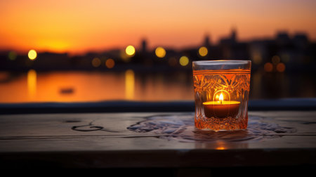 Candle in a glass holder against a sunset cityscapeの素材