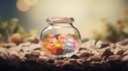 Glass jar with colorful candies on a bed of rocksの素材