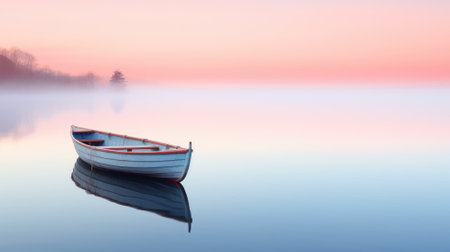 Lonely boat on a serene lake at sunrise with mist and soft colorsの素材