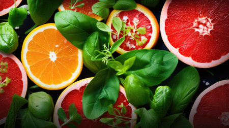Bright citrus fruits with fresh herbsの素材