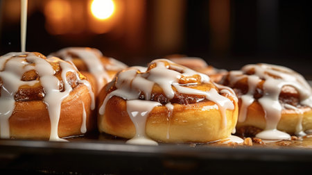 Cinnamon rolls with white icing being poured on topの素材