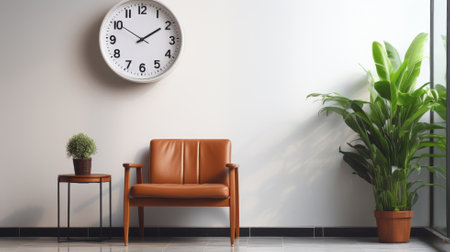 Modern waiting area with a single chair and a wall clockの素材