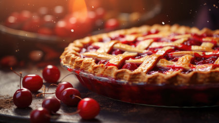 Freshly baked cherry pie with lattice crustの素材