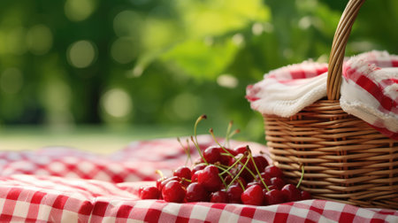 Picnic basket with cherries on a red gingham clothの素材