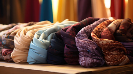 Assorted fabrics rolled up on displayの素材
