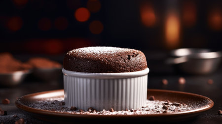 A freshly baked chocolate souffle on a dark, moody backdropの素材